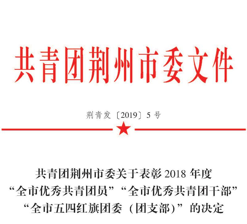 荆青发（2019）5号-共青团荆州市委关于表彰2018年度全市优秀共青团员、全市优秀共青团干部、全市五四红旗团委、全市五四红旗团支部（总支）的决定_页面_01_副本